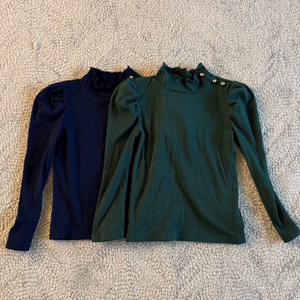 2 Janie and Jack Navy Ribbed Long-Sleeve Tops with Ruffle Mock Neck